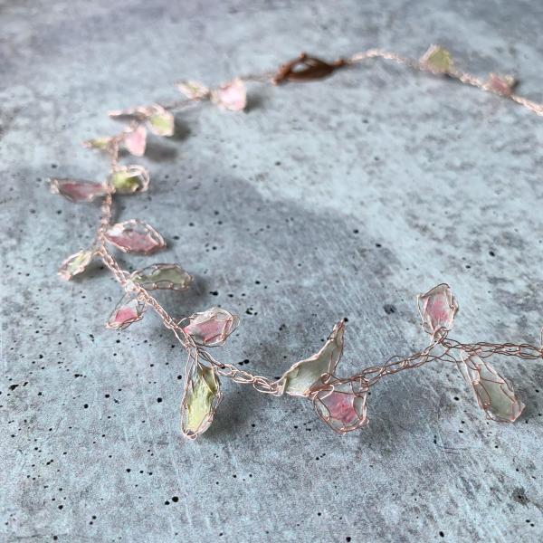 Whispering Petals Mixed Media Necklace - Subtle Pinks, Pale Green, White - Rose Gold Wire - Lightweight - One of a Kind - 19 inch - floral picture