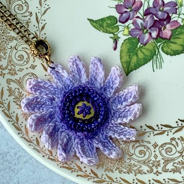 Blue Violet Purple Hand-Painted Flower Pendant Necklace - Mixed Media - Embroidery - Bead Crochet - Glass Leaf - 20 inch Brass Chain - OOAK picture