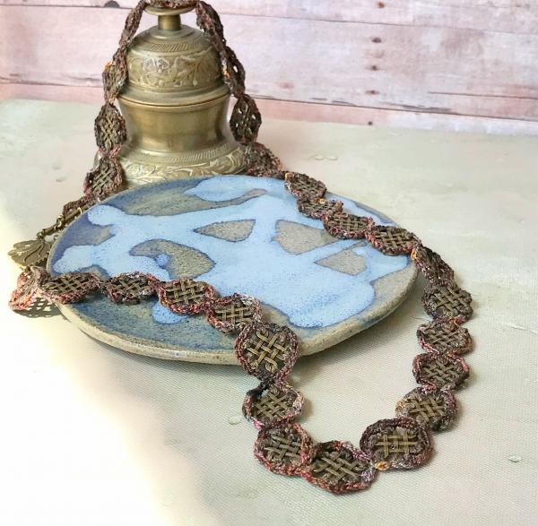 Celtic Brass Motifs Necklace Embellished with Hand Crochet - Brown Shades - 29 inches - Brass Leaf Toggle Clasp - One of a Kind picture