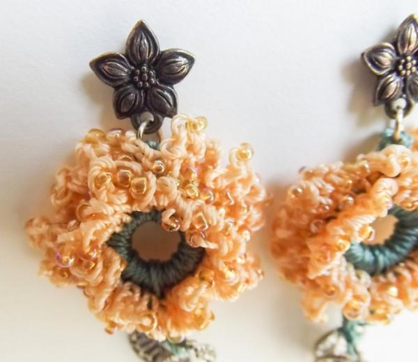 Apricot Peach Crochet Beaded Drop Flower Earrings with Antique Silver Leaf Dangles - Green Accents - Handmade - One of a Kind picture