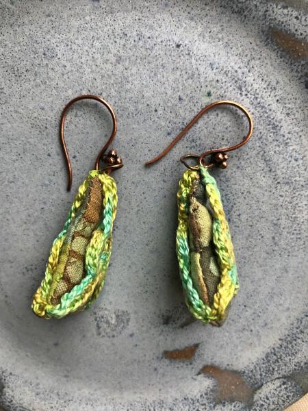 Triangle Batik Fabric and Crochet Earrings - Shades of Green - Hand Crocheted and Hand Sewn - Copper Earring Wires - One of a Kind picture