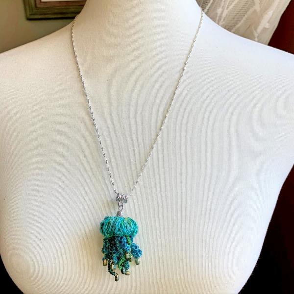 Jellyfish Pendant Necklace - Multimedia - Fiber, Metal, Glass Beads - Blue, Green, Turquoise - Crochet - Adjustable Length - One of a Kind picture