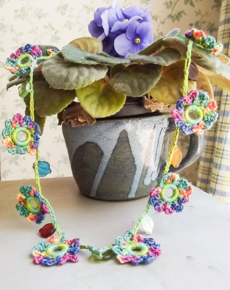 Bright Multi-Color Crochet Flower Garland Necklace with Glass Leaves picture