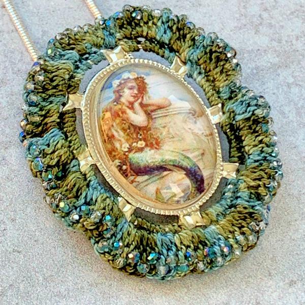 Vintage 1930's Mermaid Pendant Brooch - Mixed Media - Embellished with Bead Crochet - Silver, Blue, Green - Serpentine Chain - One of A Kind picture
