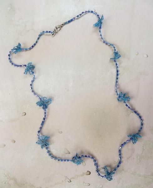Delicate Blue Violet Crochet Beaded Flower Necklace with Silver Clasp