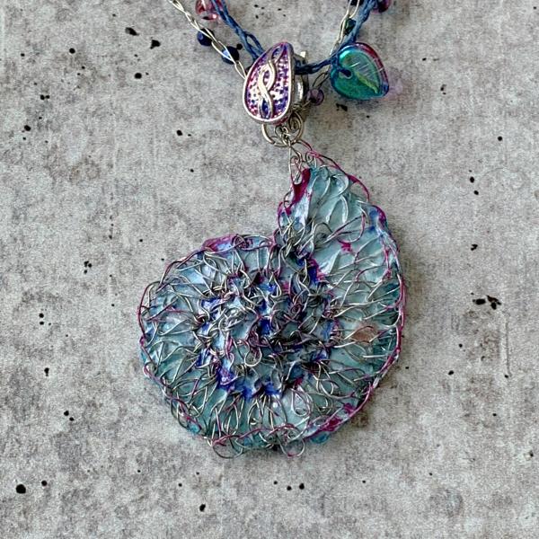 Swirl Spiral Ammonite Pendant Necklace - Multi Strand - Blue Purple Silver - Mixed Media - Crochet Glass Beads Paper Wire - One of a Kind