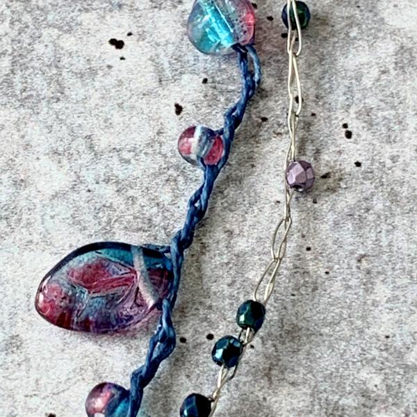 Swirl Spiral Ammonite Pendant Necklace - Multi Strand - Blue Purple Silver - Mixed Media - Crochet Glass Beads Paper Wire - One of a Kind picture