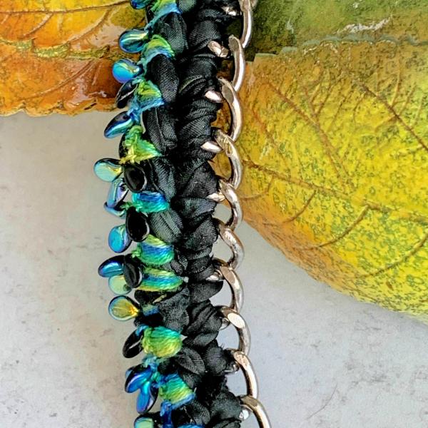 Pewter Raven Pendant Mixed Media Necklace - Black Blue Green - Silver Chain, Glass Beads, Sari Silk - Crochet -20 inch picture