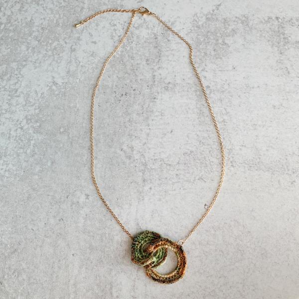 Double Ring Necklace - Green Gold Earth Tones - Mixed Media - Metal and Fiber - Fine chain - Adjustable Length 19-21 inches - OOAK picture