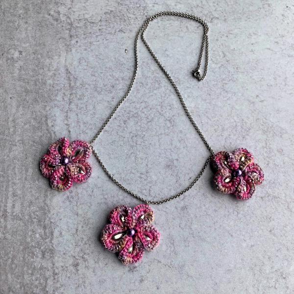 Cherry Blossoms Necklace - Mixed Media - Pink/Purple - 3 Crochet Embellished Silver Metal Flowers - Hand Dyed Cotton Thread - Glass Beads picture