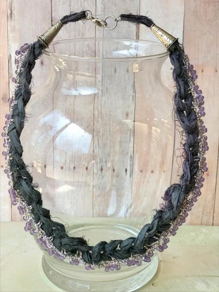 Recycled Sari Silk Necklace - Eggplant Purple - Hand Crochet - Lavender Glass Beads - One of a Kind picture