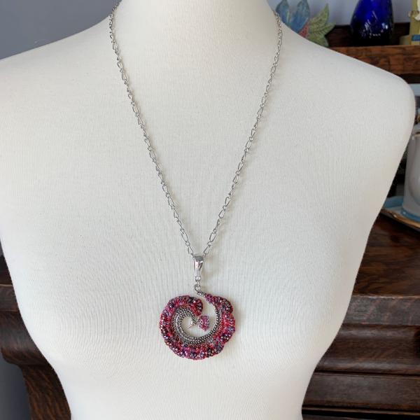 Peacock Spiral Pendant Necklace - Mixed Media - Red Multi Color - Hand-Dyed Fiber, Metal, Glass - Silver Chain - Adjustable 24 - 27 inches - OOAK picture