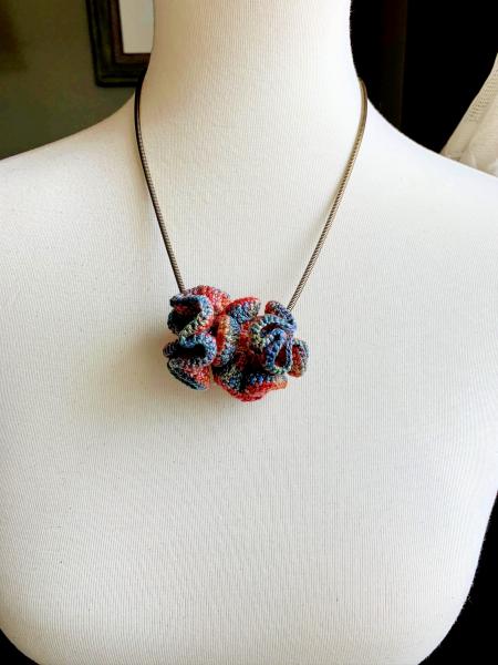 Multicolor Ruffle Spiral Fiber Necklace - Crochet - Brass Snake Chain - Blue, Coral, Red - 20 inches - One of a Kind picture