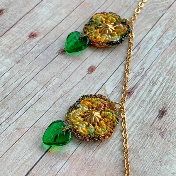 Golden Yellow Five Flowers Necklace - Mixed Media - Green Glass Leaves - Fiber - Gold Chain - Crochet - Adjustable Length 18 to 19 1/2" picture