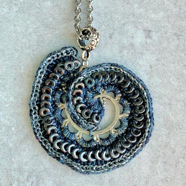 Rings Around the Spiral Pendant - Mixed Media Necklace - Metal Fiber Glass - Gray Black Silver - Silver Chain - 20 inches - One of a Kind picture