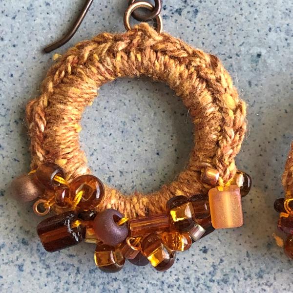 Beaded Golden Brown Linen Circular Ring Drop Earrings - One of a Kind picture