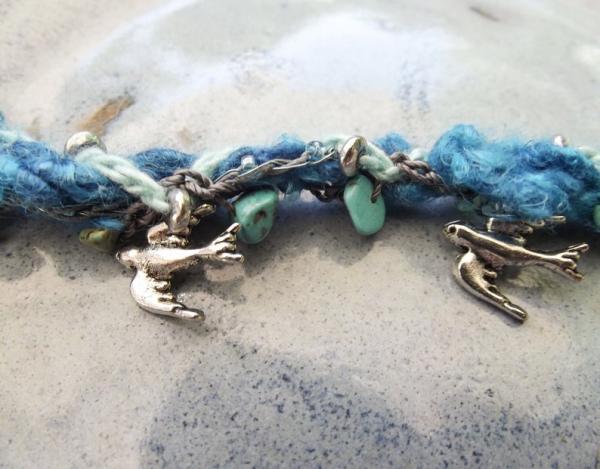 Boho Turquoise Crochet Bracelet with Silver Bird Charms, Button Close - One of a Kind - Fiber, Wire, Natural Turquoise picture