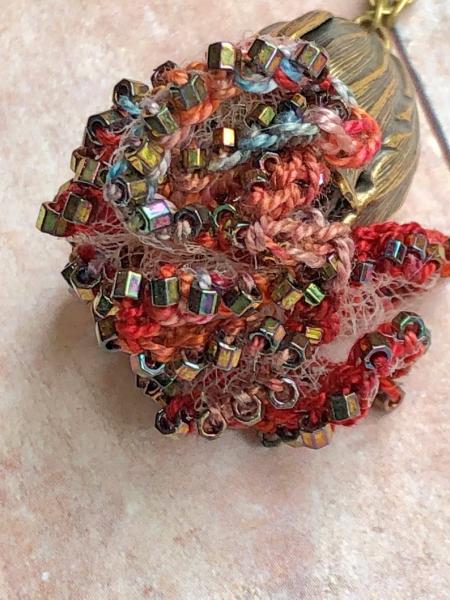 Colors of Frida - One of a Kind Statement Necklace - 3 Flower Pendants - Multi Media - Fiber Metal Glass - Multi Color- Reds Coral Blue picture