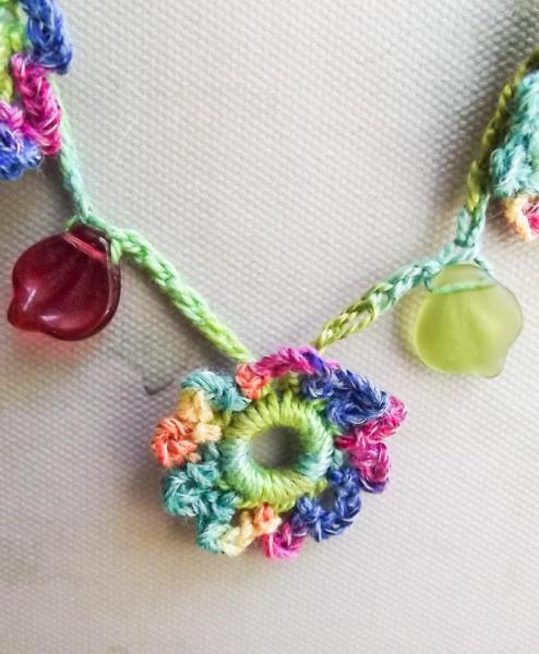 Bright Multi-Color Crochet Flower Garland Necklace with Glass Leaves picture
