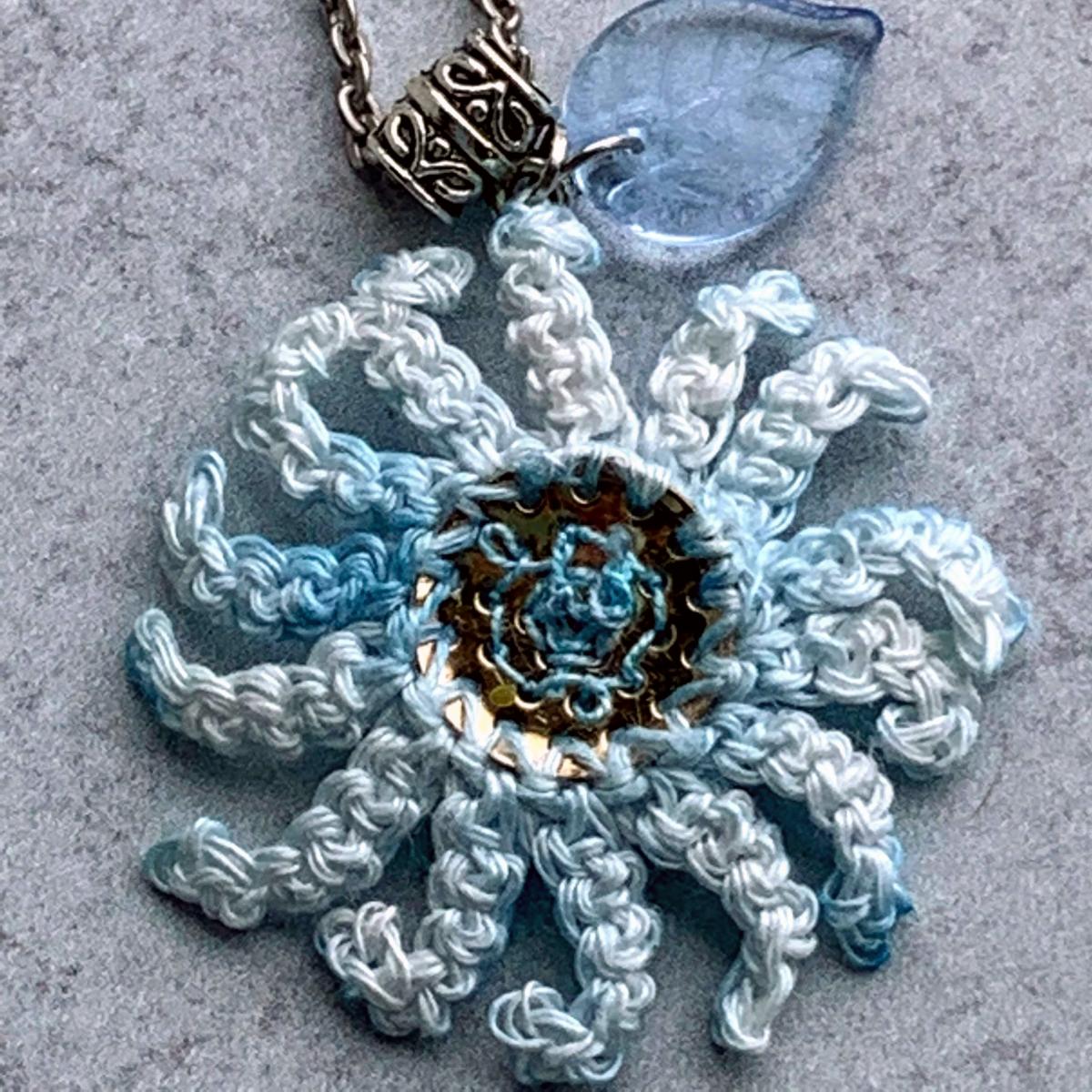 Sky Blue Mixed Media Flower Pendant - Crochet Linen Petals - Hand Painted - Embroidered Center - Glass Leaf - 24 inch Chain - One of a Kind picture