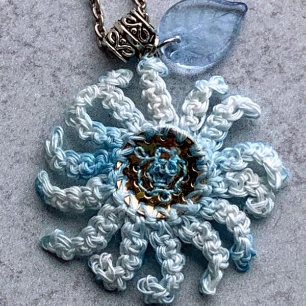 Sky Blue Mixed Media Flower Pendant - Crochet Linen Petals - Hand Painted - Embroidered Center - Glass Leaf - 24 inch Chain - One of a Kind picture