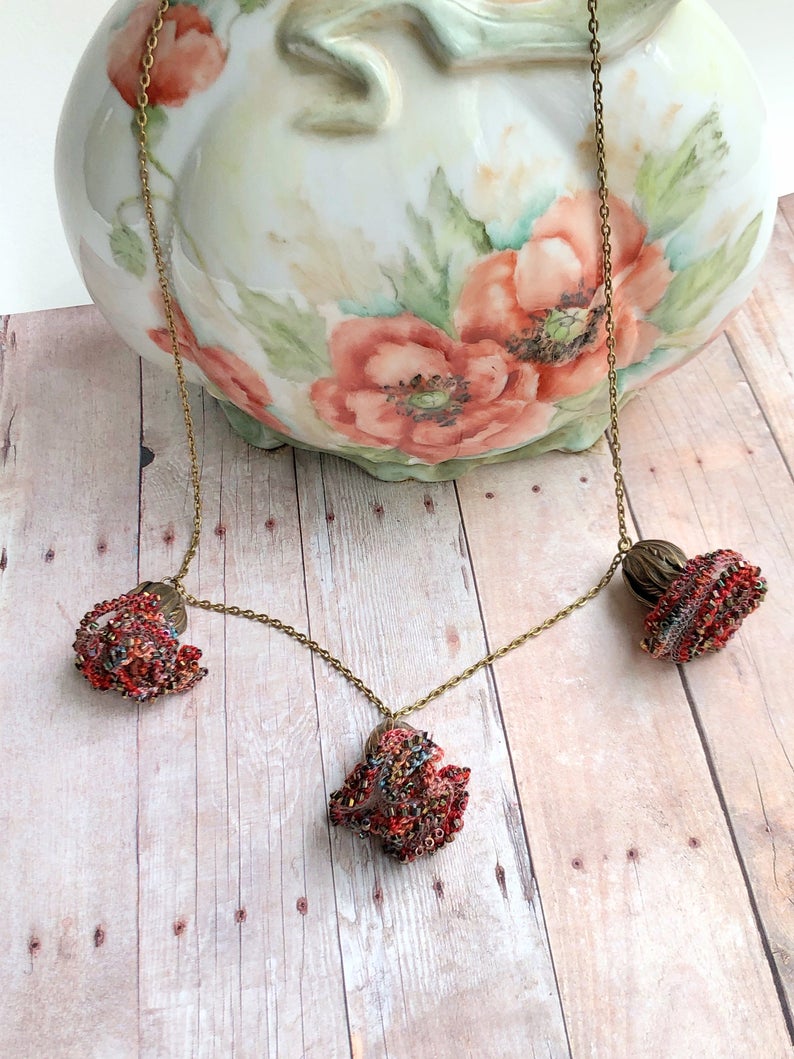 Colors of Frida - One of a Kind Statement Necklace - 3 Flower Pendants - Multi Media - Fiber Metal Glass - Multi Color- Reds Coral Blue picture