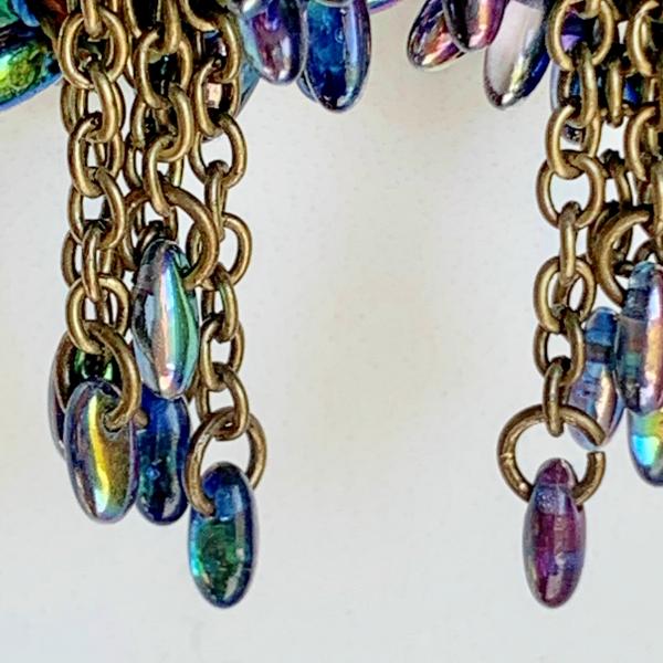 Carnivale Drop Dangle Earrings - Mixed Media - Multi Color Silk Cocoons - Brass Chain - Iridescent Blue Iris Glass Beads - Hook Earring Wires picture