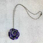 Curly Girl Spiral Swirl Pendant Necklace - Mixed Media - Metal Fiber Glass - Purple, Green, Silver, Iridescent Metallic Beads - Crochet - OOAK