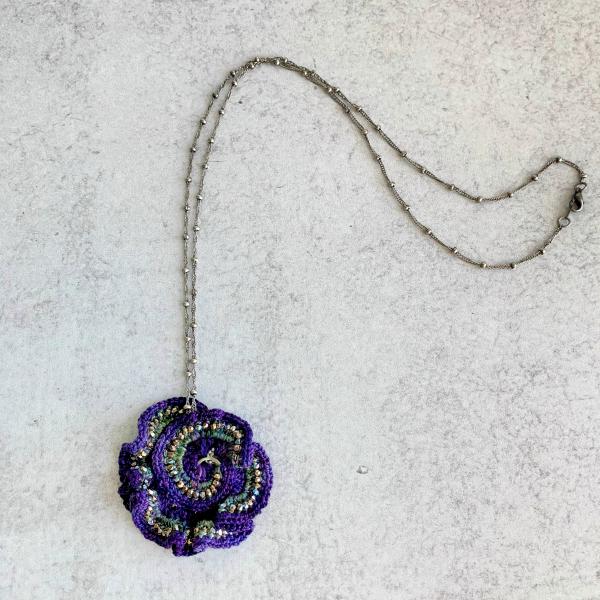 Curly Girl Spiral Swirl Pendant Necklace - Mixed Media - Metal Fiber Glass - Purple, Green, Silver, Iridescent Metallic Beads - Crochet - OOAK picture