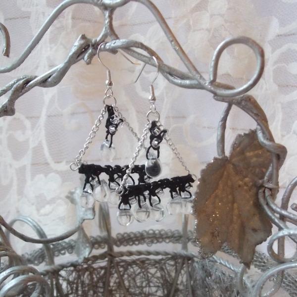 Rain Drops Clear Crystal, Black, Silver - Beaded Crochet Chandelier Earrings