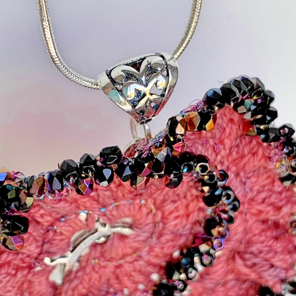 Curly Girl Spiral Swirl Pendant Necklace - Mixed Media - Metal Fiber Glass - Coral Hand-Dyed Thread, Metallic Wine Glass Beads - Crochet - OOAK picture