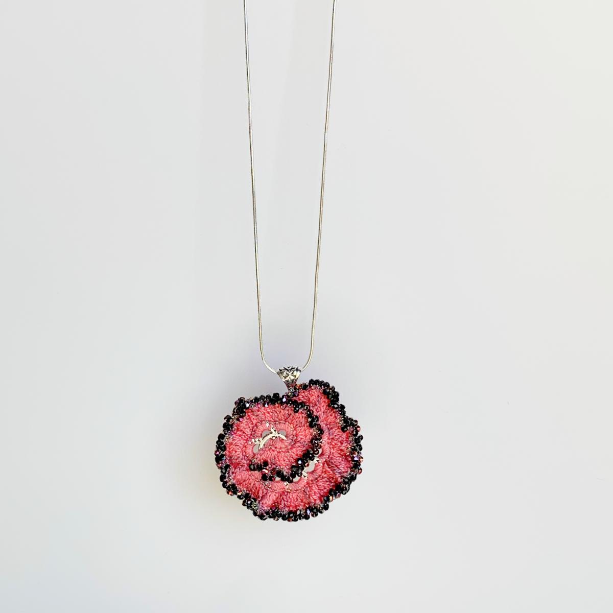 Curly Girl Spiral Swirl Pendant Necklace - Mixed Media - Metal Fiber Glass - Coral Hand-Dyed Thread, Metallic Wine Glass Beads - Crochet - OOAK picture