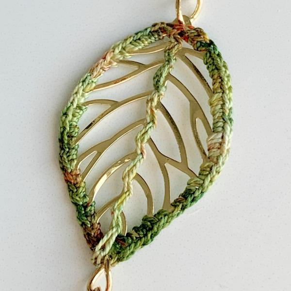 Green Gold Leaves Necklace - Mixed Media - Metal Fiber Glass - Crochet Embroidery - One of a Kind picture