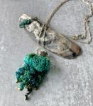Jellyfish Pendant Necklace - Multimedia - Fiber, Metal, Glass Beads - Blue, Green, Turquoise - Crochet - Adjustable Length - One of a Kind