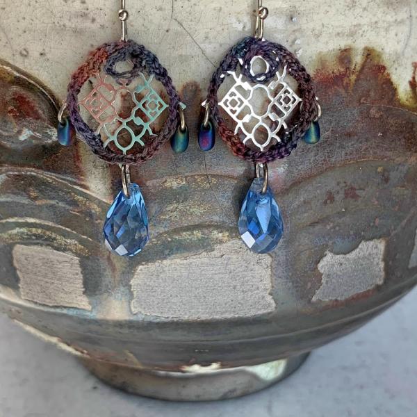 Modern Silver Filigree Mixed Media Earrings - Fiber Metal Glass - Blue Crystal Drops - Crochet - Glass Beads - Mauve Slate - OOAK picture