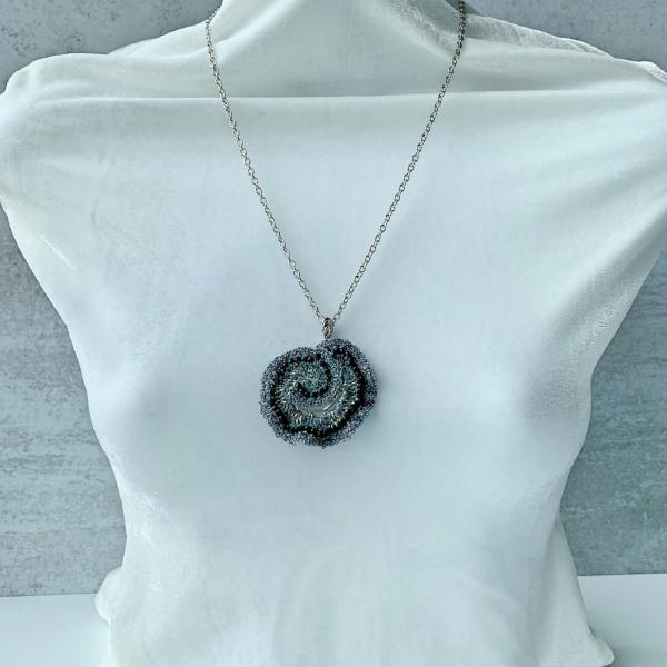 Curly Girl Spiral Swirl Pendant Necklace - Mixed Media - Metal Fiber Glass - Pale Sage Green, Silver, Black, Metallics - Crochet - OOAK picture