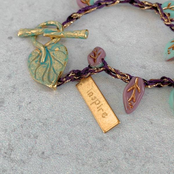 Turquoise Lavendar Gold Glass Leaves Wrap Bracelet or Necklace - Crochet - Inspire Charm - OOAK picture