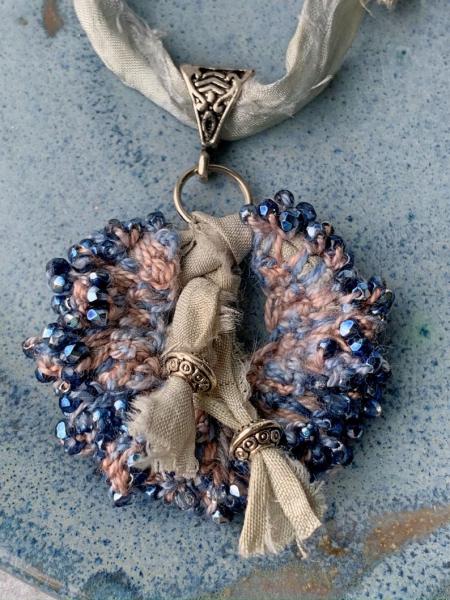 Stormy Skies Mixed Media Boho Pendant Necklace - Recycled Sari Silk, Hand-Dyed Thread, Glass Beads, Antique Silver - Slate Sand Gray Blue picture