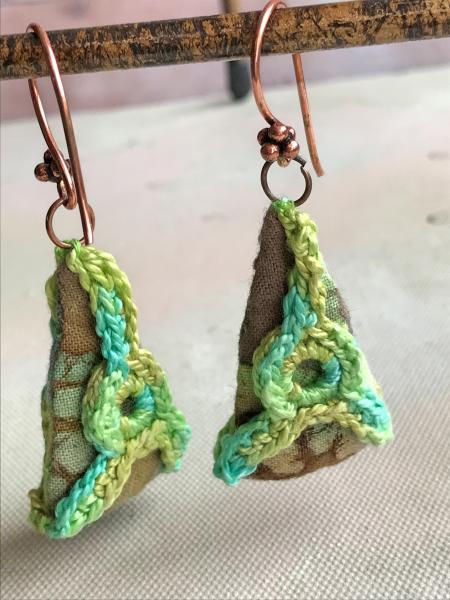 Triangle Batik Fabric and Crochet Earrings - Shades of Green - Hand Crocheted and Hand Sewn - Copper Earring Wires - One of a Kind picture