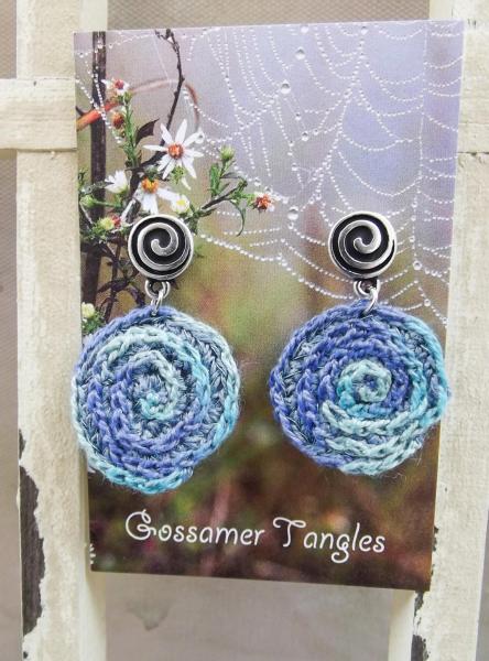 Tone on Tone Crochet Embroidered Spiral/Starburst Drop Earrings in Blues and Greens - One of a Kind