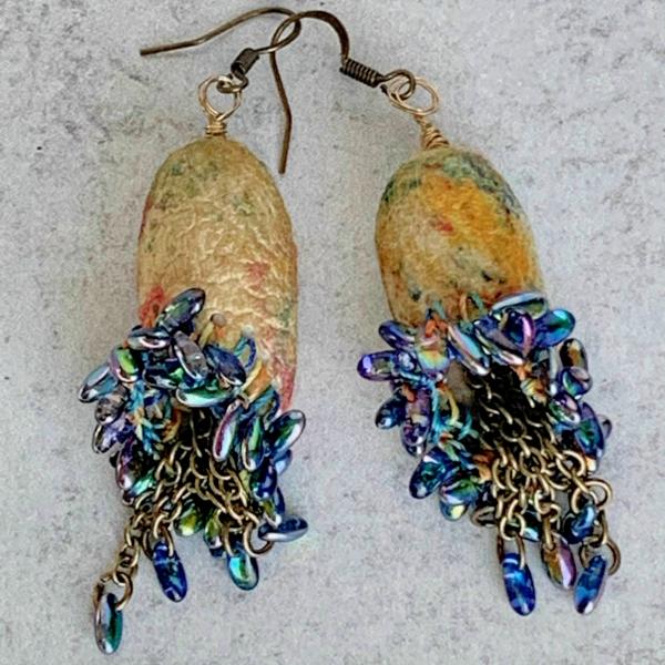 Carnivale Drop Dangle Earrings - Mixed Media - Multi Color Silk Cocoons - Brass Chain - Iridescent Blue Iris Glass Beads - Hook Earring Wires picture