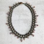 Mixed Media Large Link Chain Necklace - Taupe Gray Linen Crocheted on a Brass Chain with Smoky Amethyst Gray Iridescent Fire-Polished Beads
