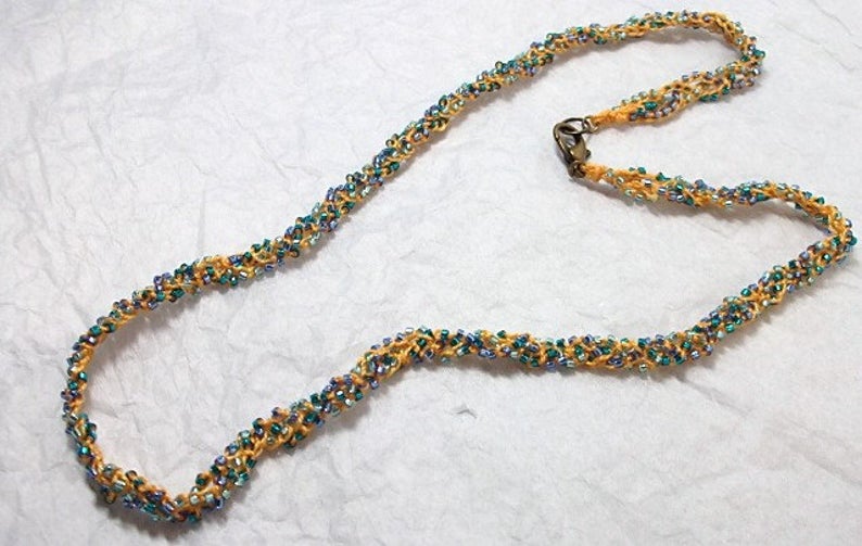 Sunshine in the Tropics Beaded Crochet Necklace - Yellow, Blue, Green - One of a Kind picture
