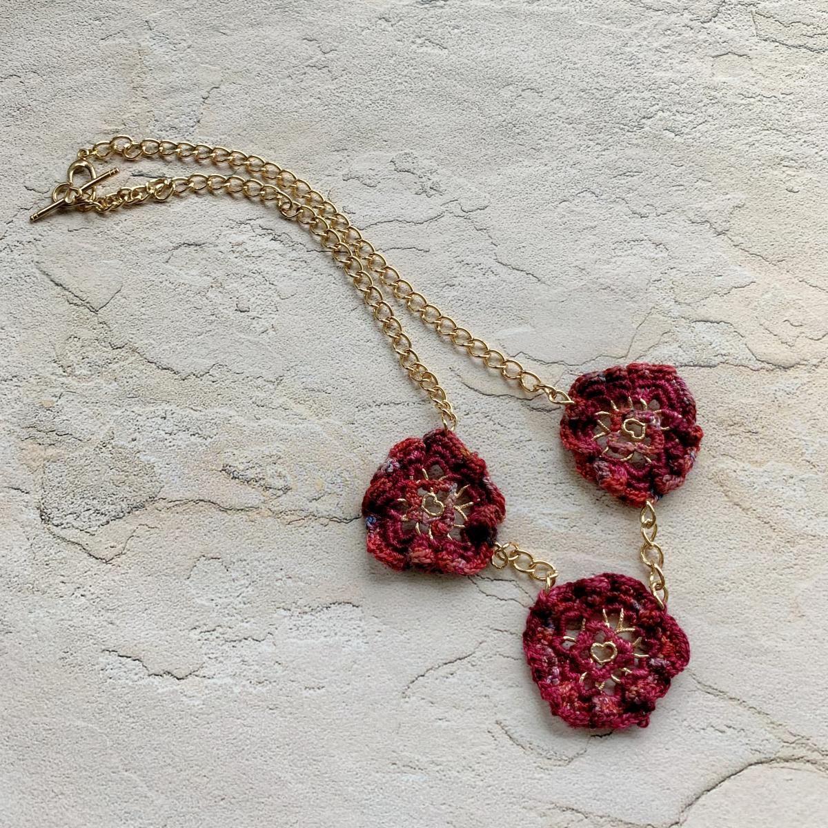 Hearts and Flowers Mixed Media Necklace - Fiber and Metal - Red Multicolor - Gold Chain - Heart Toggle Clasp - 19 1/2 inches - One of a Kind picture