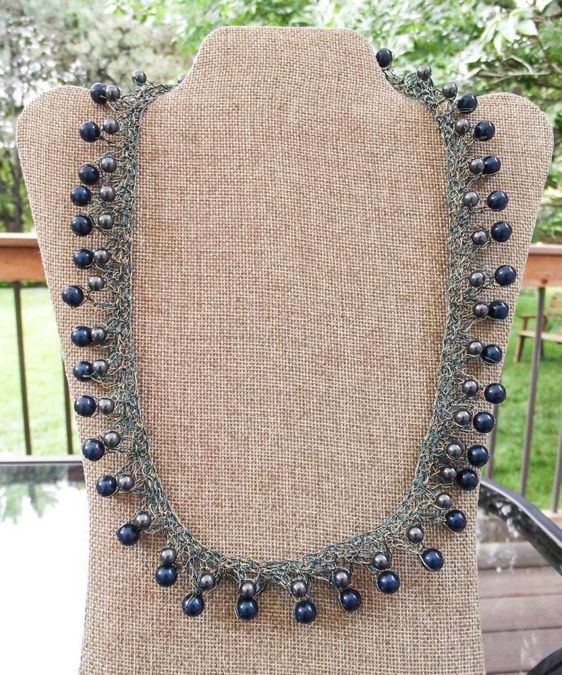 Teal and Brass Crochet Beaded Collar Necklace with Swarovski Crystal Peals - One of a Kind Statement Necklace picture