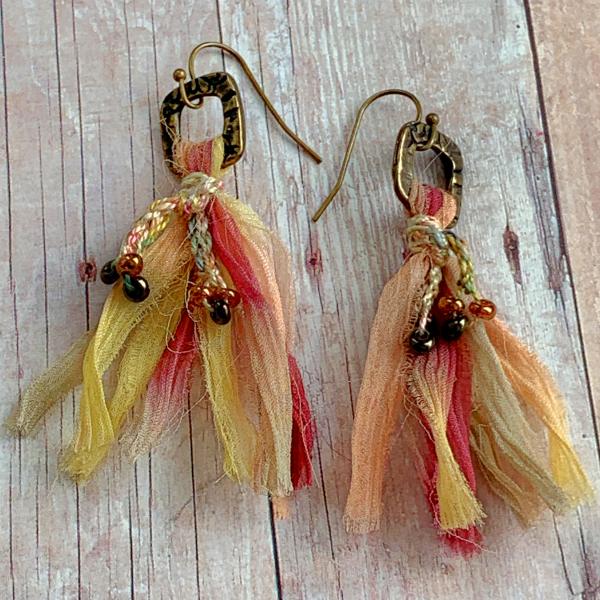 Chiffon Ribbon Dangle Tassel Earrings - Yellow, Peach, Rust - Bead Crochet Embellishment - Embossed Brass - Brass Ear Wires - One of a Kind picture