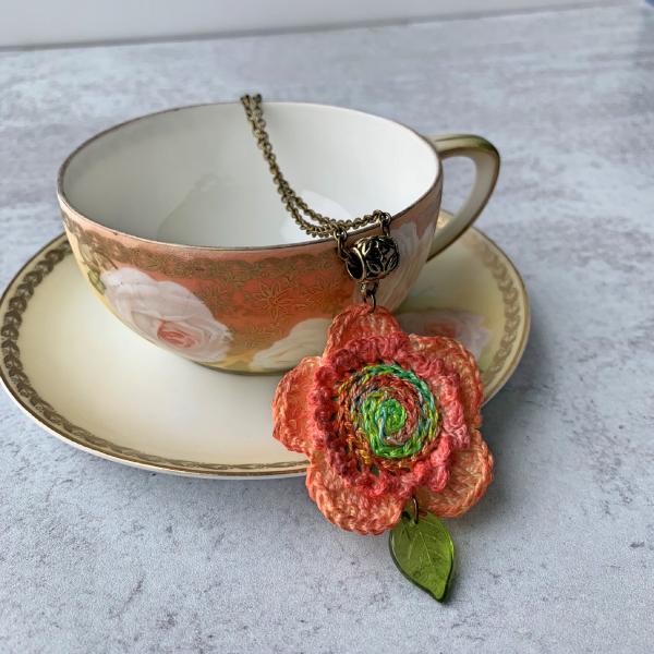 Melon Coral Green Mixed Media Flower Pendant - Hand-Painted - Hand Crochet - Embroidery - Glass Leaf - 24 inch Antique Brass Chain - OOAK picture