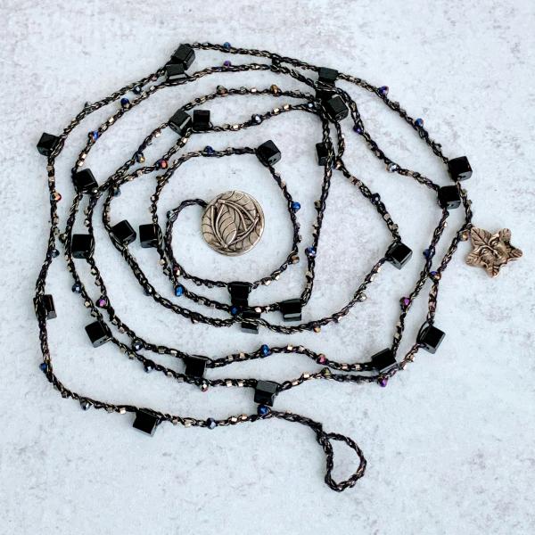Leaf Goddess Wrap Necklace - Black, Antique Silver, Gunmetal, Gold - Iridescent Glass Beads - Crochet - Loop and Button Close - OOAK