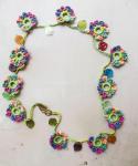 Bright Multi-Color Crochet Flower Garland Necklace with Glass Leaves