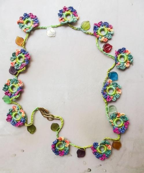 Bright Multi-Color Crochet Flower Garland Necklace with Glass Leaves picture